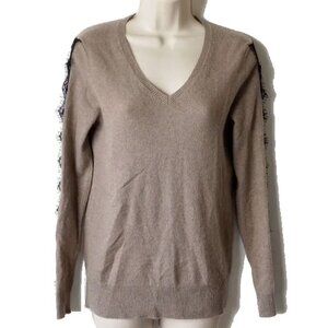Neiman Marcus Eyelash Lace Trim Cashmere Sweater S Dark Beige Heather Black